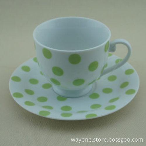 180cc Tea Cup and Saucer Set, Elegant Shape, Super White, Pink/Green Dot Decal, for Promotions